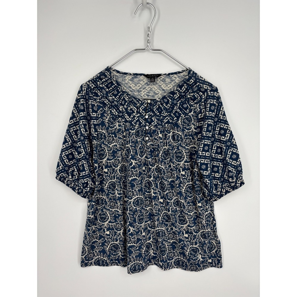 Lucky Brand Blouse Womens S Blue Floral Print Knit Button Puff Sleeve